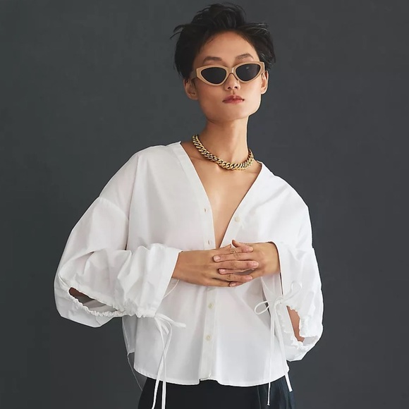 Pilcro Drawstring Poplin Blouse White Cotton Oversized Excellent Anthropologie L - Picture 1 of 10